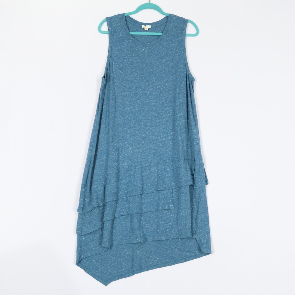 Dylan Tiered Asymmetrical T-Shirt Dress Womens Large Blue Slub Knit Sleeveless